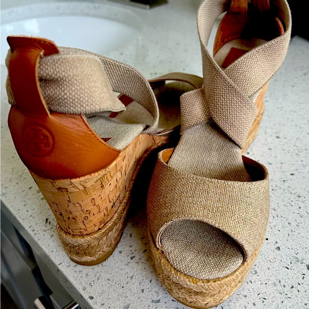 Tory Burch 3.25” cork wedges, beige/ tan color with gold sparkles